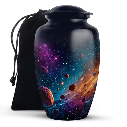 Steel Blue Galaxy Cremation Urn angled view of lid and engraved motif - traditional galaxy engraving with hand-polished finish - full-size 10 inch 200 cubic inch adult cremation urn