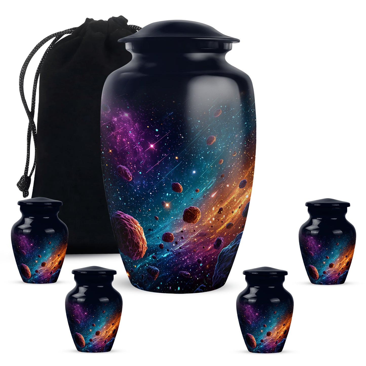 Sky Blue Galaxy Cremation Urn top-down view of secure threaded lid - classic sculpted galaxy pattern on smooth aluminum - memorial set with one large and four small urns