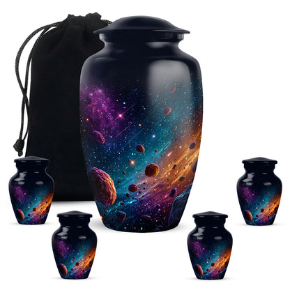 Sky Blue Galaxy Cremation Urn top-down view of secure threaded lid - classic sculpted galaxy pattern on smooth aluminum - memorial set with one large and four small urns