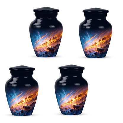 Cobalt Blue Galaxy Cremation Urn side profile showing urn shape - elegant classic galaxy relief with fine detailing - 10 inch aluminum urn for cremated remains