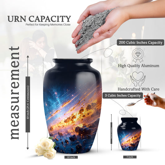 Azure Galaxy Cremation Urn close-up of engraving and surface detail - timeless galaxy motif etched into premium metal - mini keepsake memorial for portion of cremation ashes