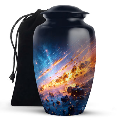 Sapphire Blue Galaxy Cremation Urn angled view of lid and engraved motif - elegant classic galaxy relief with fine detailing - full-size 10 inch 200 cubic inch adult cremation urn