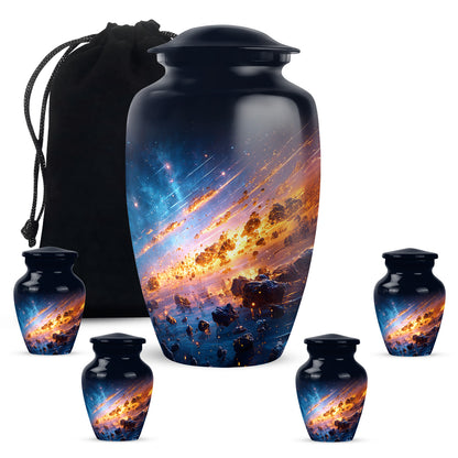 Dusty Blue Galaxy Cremation Urn top-down view of secure threaded lid - classic sculpted galaxy pattern on smooth aluminum - memorial set with one large and four small urns