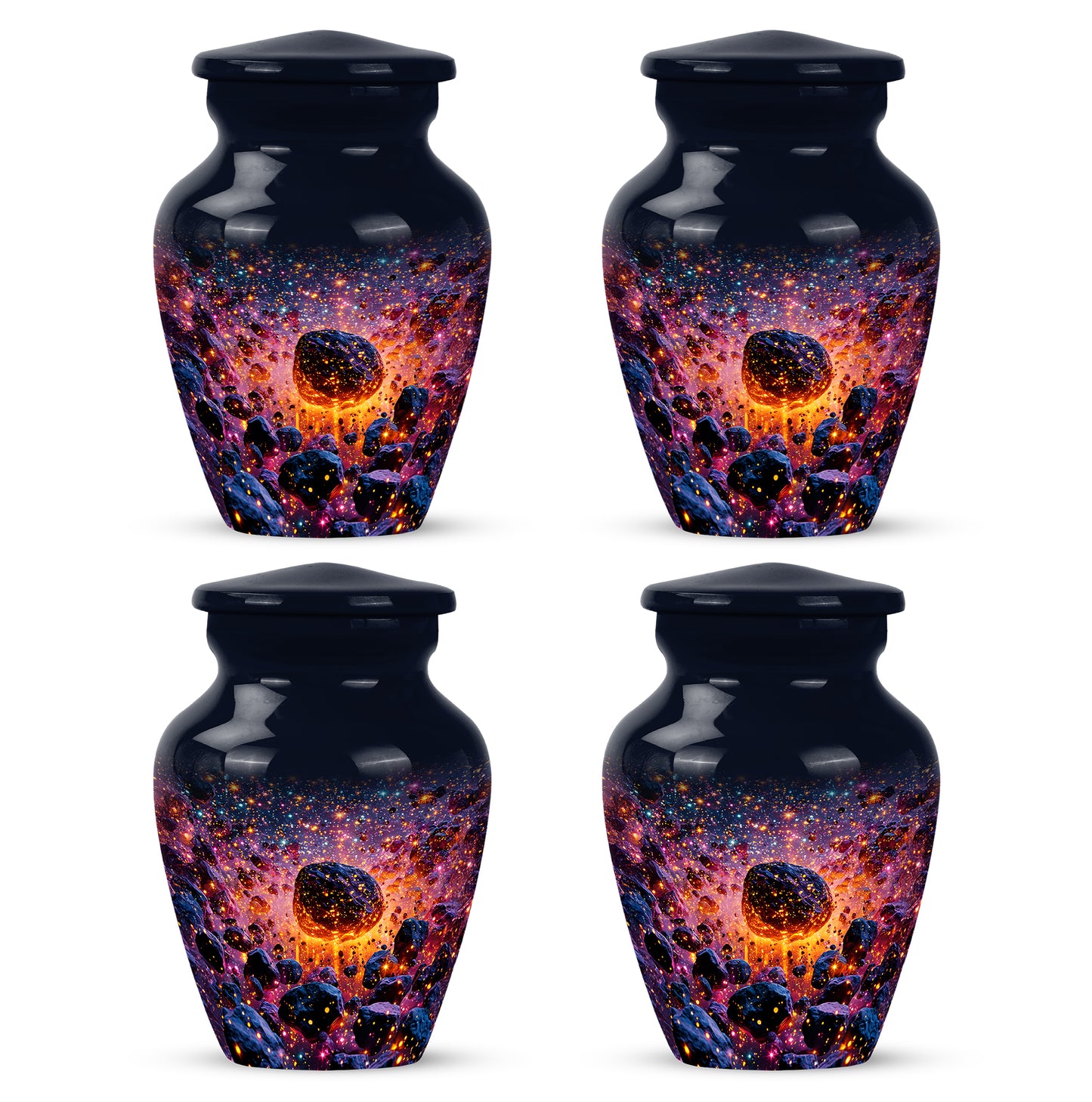 Cobalt Blue Galaxy Cremation Urn side profile showing urn shape - traditional galaxy engraving with hand-polished finish - 10 inch aluminum urn for cremated remains