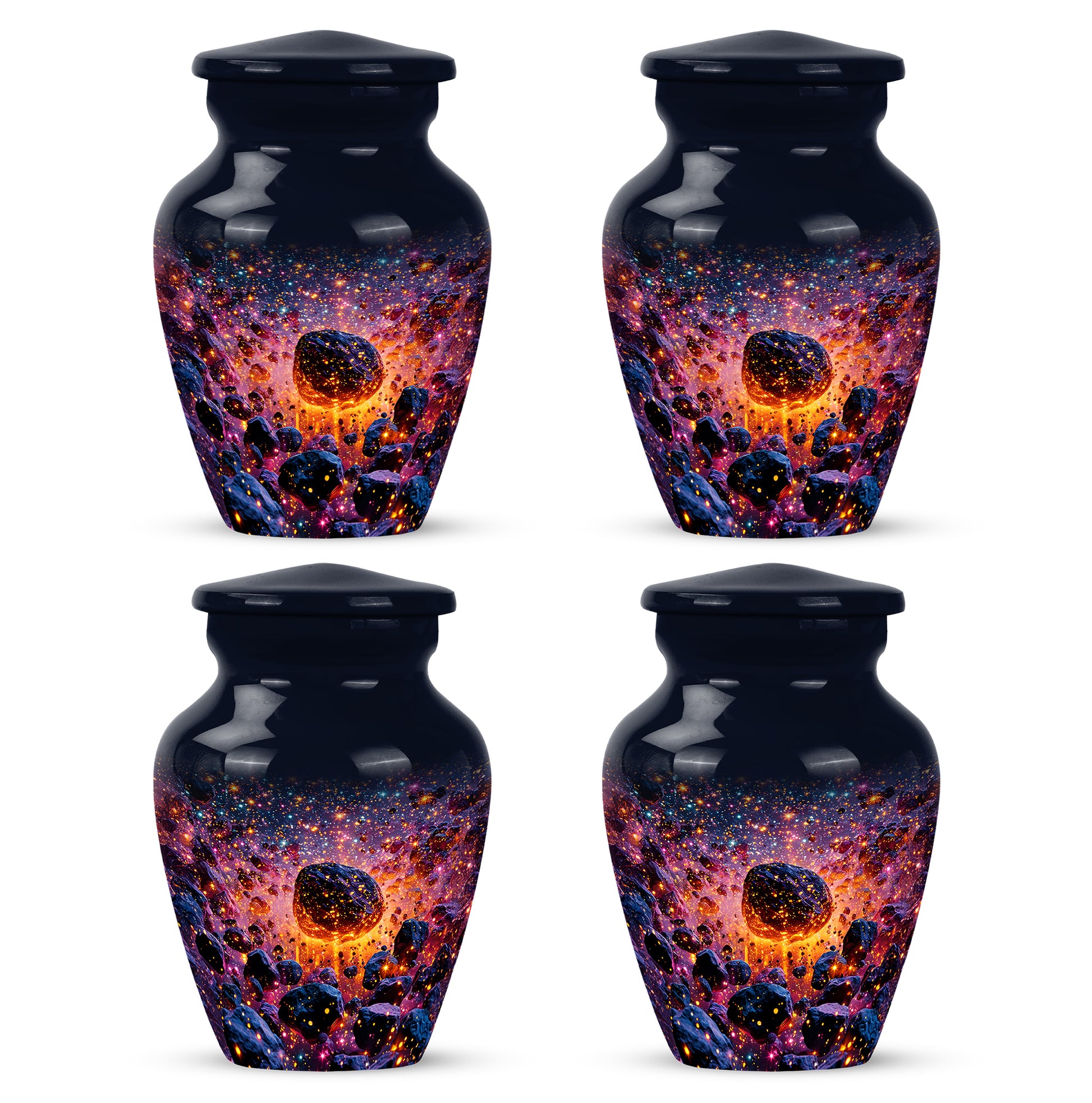 Cobalt Blue Galaxy Cremation Urn side profile showing urn shape - traditional galaxy engraving with hand-polished finish - 10 inch aluminum urn for cremated remains