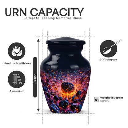 Cobalt Blue Galaxy Cremation Urn close-up of engraving and surface detail - traditional galaxy engraving with hand-polished finish - mini keepsake memorial for portion of cremation ashes