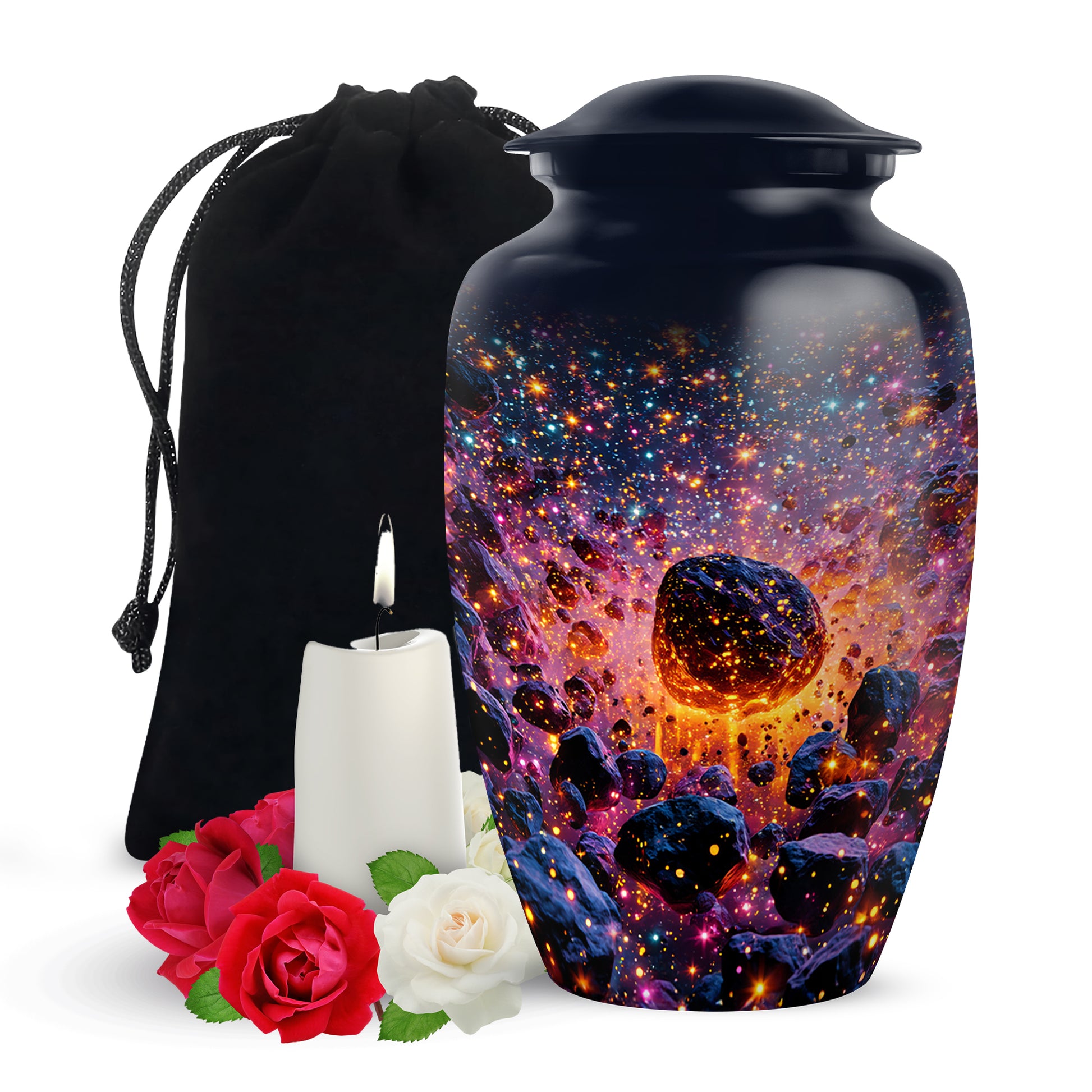 Soft Blue Galaxy Cremation Urn angled view of lid and engraved motif - elegant classic galaxy relief with fine detailing - full-size 10 inch 200 cubic inch adult cremation urn