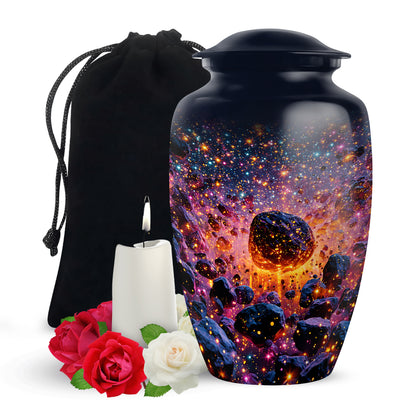 Soft Blue Galaxy Cremation Urn angled view of lid and engraved motif - elegant classic galaxy relief with fine detailing - full-size 10 inch 200 cubic inch adult cremation urn