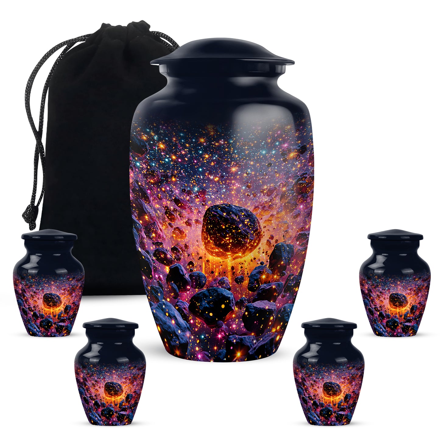Celestial Blue Galaxy Cremation Urn top-down view of secure threaded lid - classic sculpted galaxy pattern on smooth aluminum - memorial set with one large and four small urns