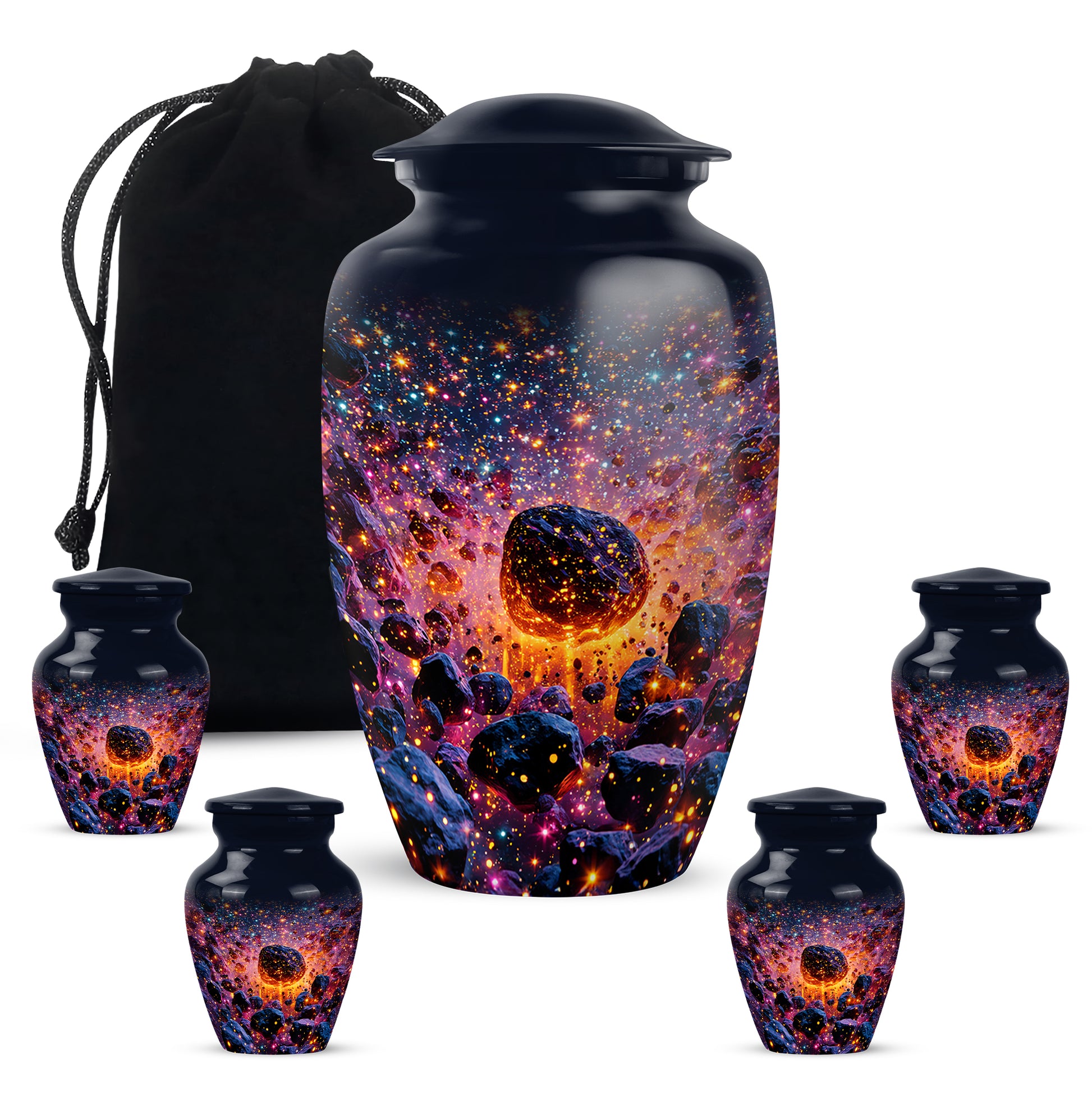 Celestial Blue Galaxy Cremation Urn top-down view of secure threaded lid - classic sculpted galaxy pattern on smooth aluminum - memorial set with one large and four small urns