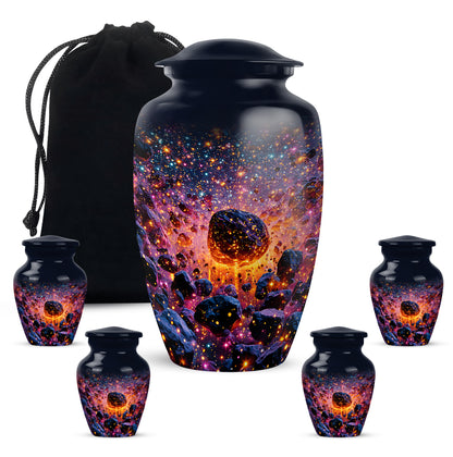 Celestial Blue Galaxy Cremation Urn top-down view of secure threaded lid - classic sculpted galaxy pattern on smooth aluminum - memorial set with one large and four small urns