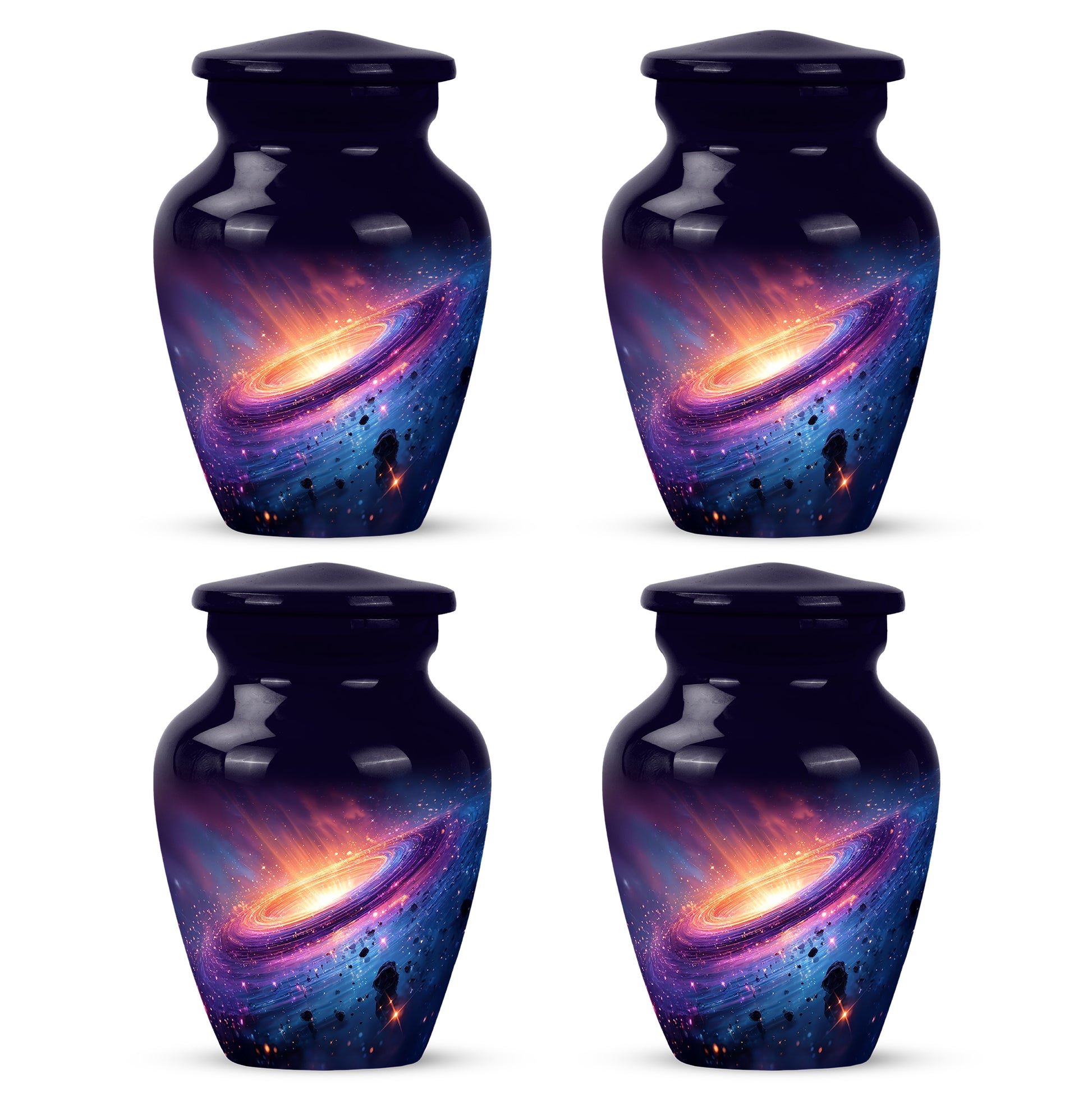 Royal Blue Galaxy Cremation Urn side profile showing urn shape - elegant classic galaxy relief with fine detailing - 10 inch aluminum urn for cremated remains