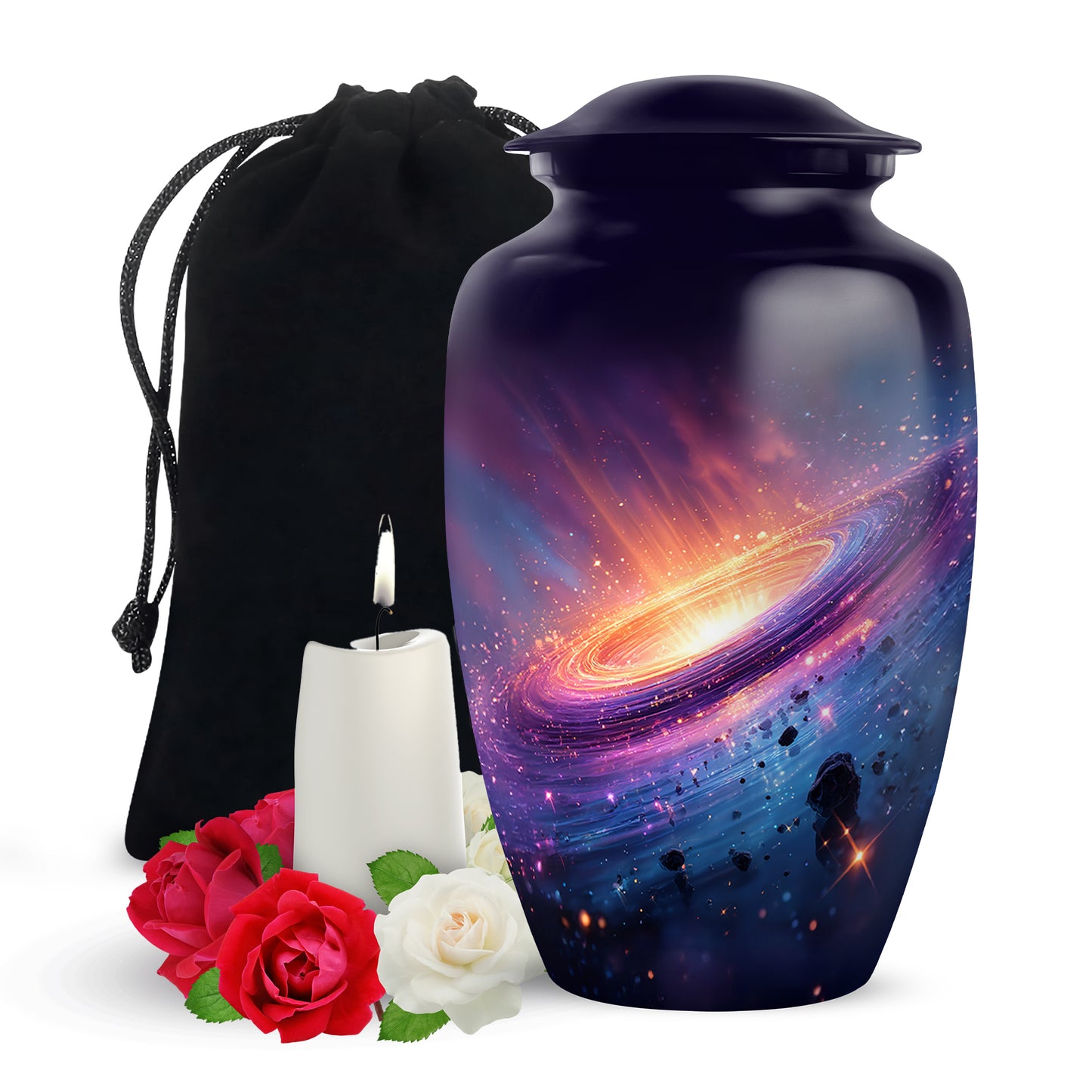 Slate Blue Galaxy Cremation Urn angled view of lid and engraved motif - classic sculpted galaxy pattern on smooth aluminum - full-size 10 inch 200 cubic inch adult cremation urn