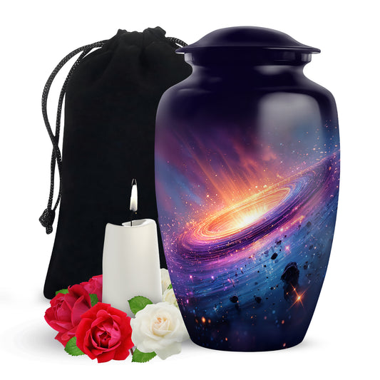 Slate Blue Galaxy Cremation Urn angled view of lid and engraved motif - classic sculpted galaxy pattern on smooth aluminum - full-size 10 inch 200 cubic inch adult cremation urn