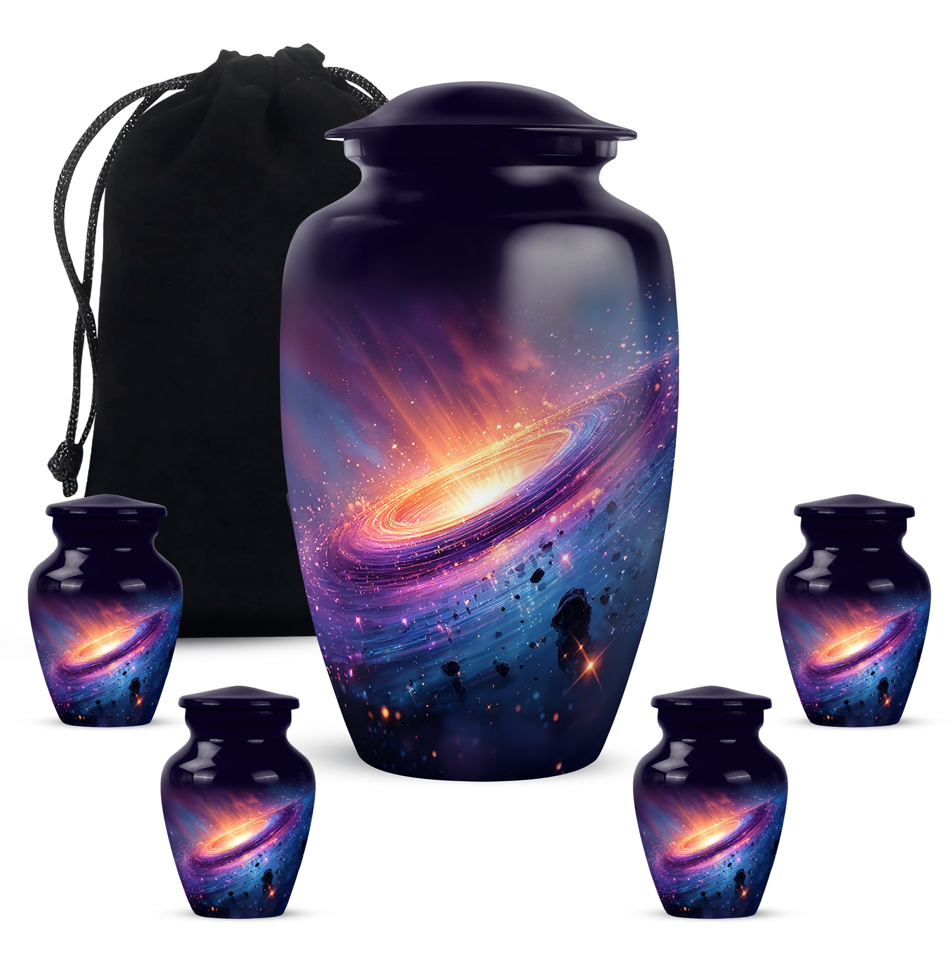 Soft Blue Galaxy Cremation Urn top-down view of secure threaded lid - traditional galaxy engraving with hand-polished finish - memorial set with one large and four small urns