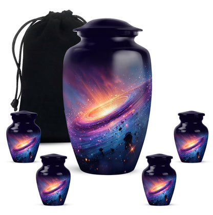 Soft Blue Galaxy Cremation Urn top-down view of secure threaded lid - traditional galaxy engraving with hand-polished finish - memorial set with one large and four small urns