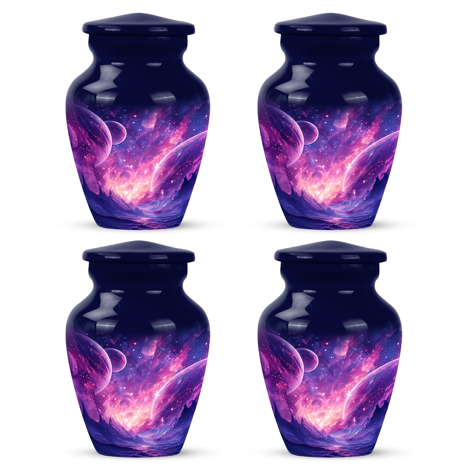 Cornflower Blue Galaxy Cremation Urn side profile showing urn shape - elegant classic galaxy relief with fine detailing - 10 inch aluminum urn for cremated remains