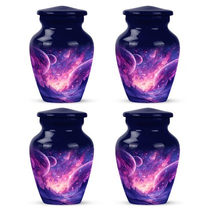 Cornflower Blue Galaxy Cremation Urn side profile showing urn shape - elegant classic galaxy relief with fine detailing - 10 inch aluminum urn for cremated remains