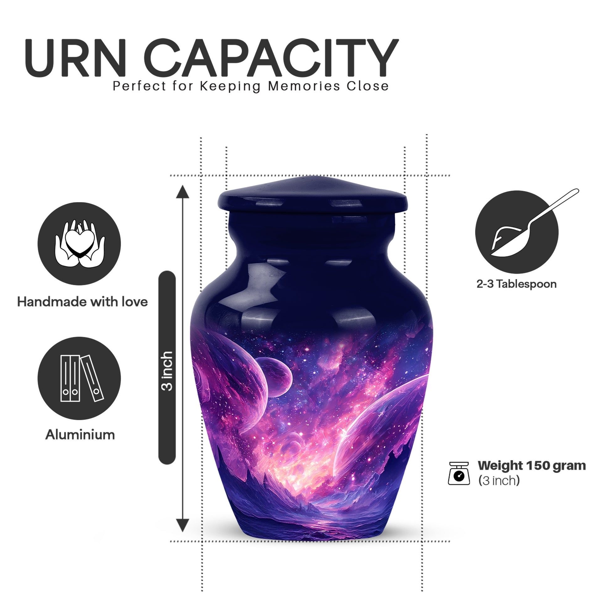 Icy Blue Galaxy Cremation Urn close-up of engraving and surface detail - classic sculpted galaxy pattern on smooth aluminum - mini keepsake memorial for portion of cremation ashes