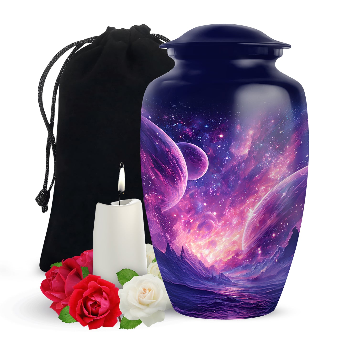 Icy Blue Galaxy Cremation Urn angled view of lid and engraved motif - classic sculpted galaxy pattern on smooth aluminum - full-size 10 inch 200 cubic inch adult cremation urn