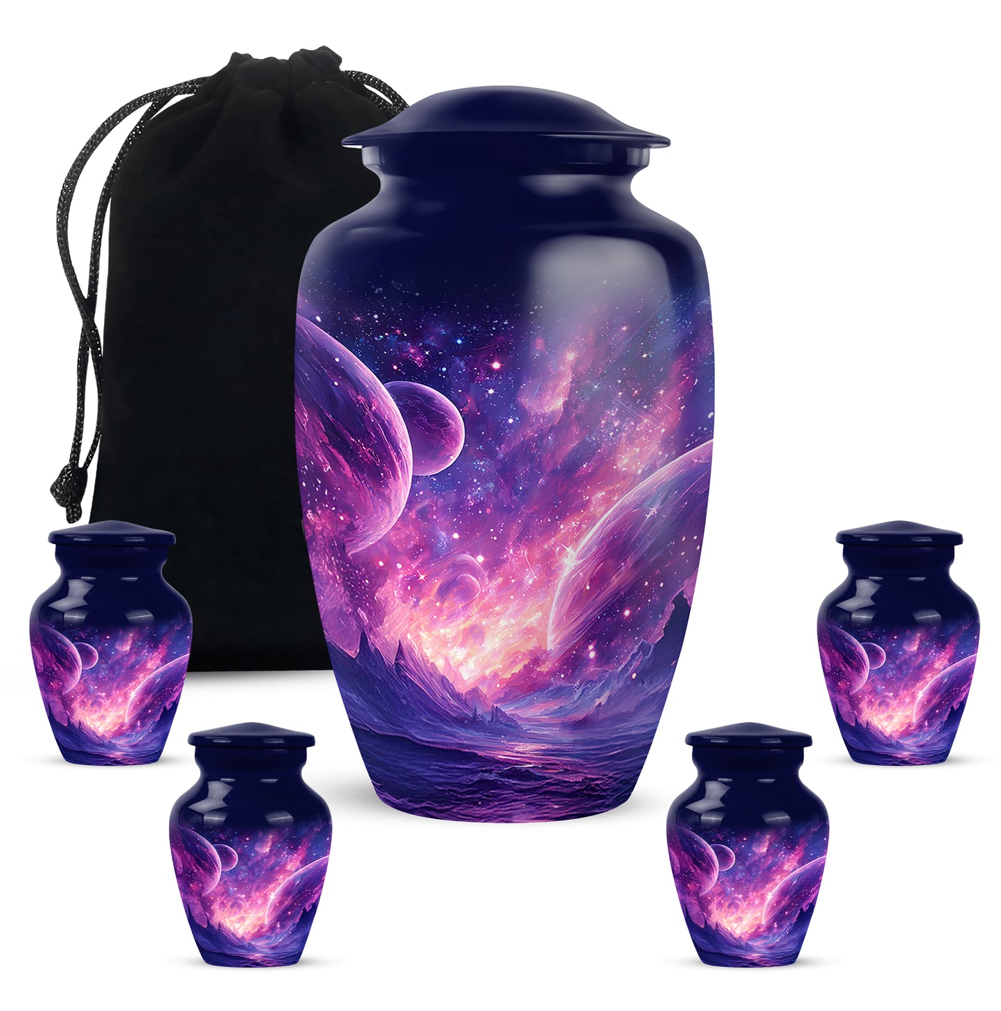 Sapphire Blue Galaxy Cremation Urn top-down view of secure threaded lid - traditional galaxy engraving with hand-polished finish - memorial set with one large and four small urns