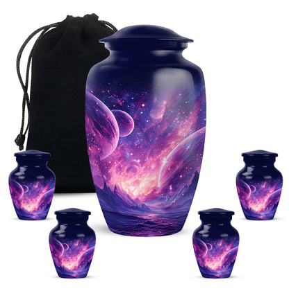 Sapphire Blue Galaxy Cremation Urn top-down view of secure threaded lid - traditional galaxy engraving with hand-polished finish - memorial set with one large and four small urns