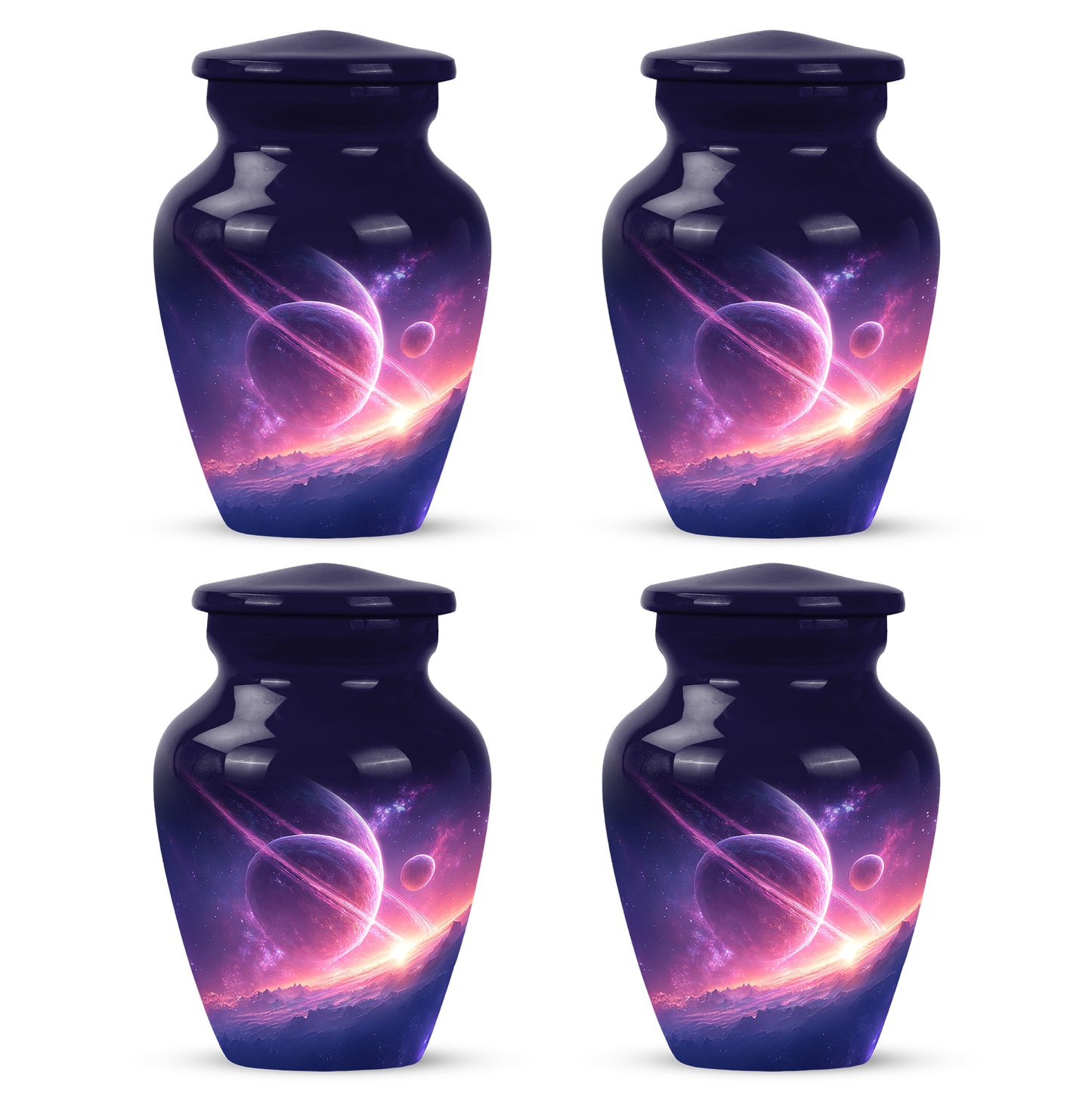 Navy Blue Galaxy Cremation Urn side profile showing urn shape - timeless galaxy motif etched into premium metal - 10 inch aluminum urn for cremated remains