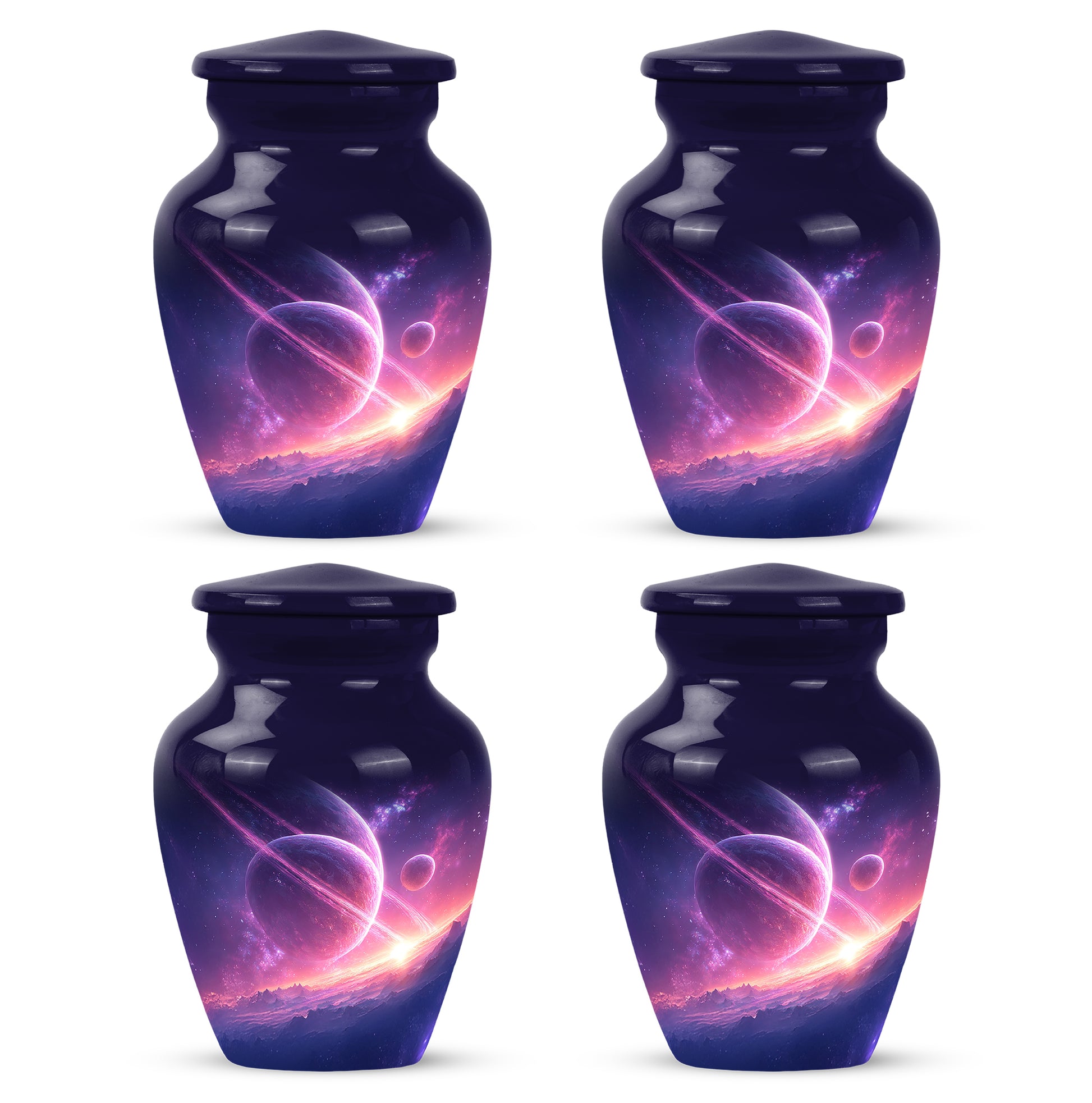 Navy Blue Galaxy Cremation Urn side profile showing urn shape - timeless galaxy motif etched into premium metal - 10 inch aluminum urn for cremated remains