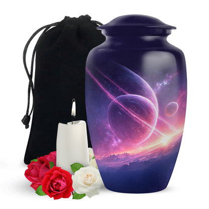 Pastel Blue Galaxy Cremation Urn angled view of lid and engraved motif - timeless galaxy motif etched into premium metal - full-size 10 inch 200 cubic inch adult cremation urn