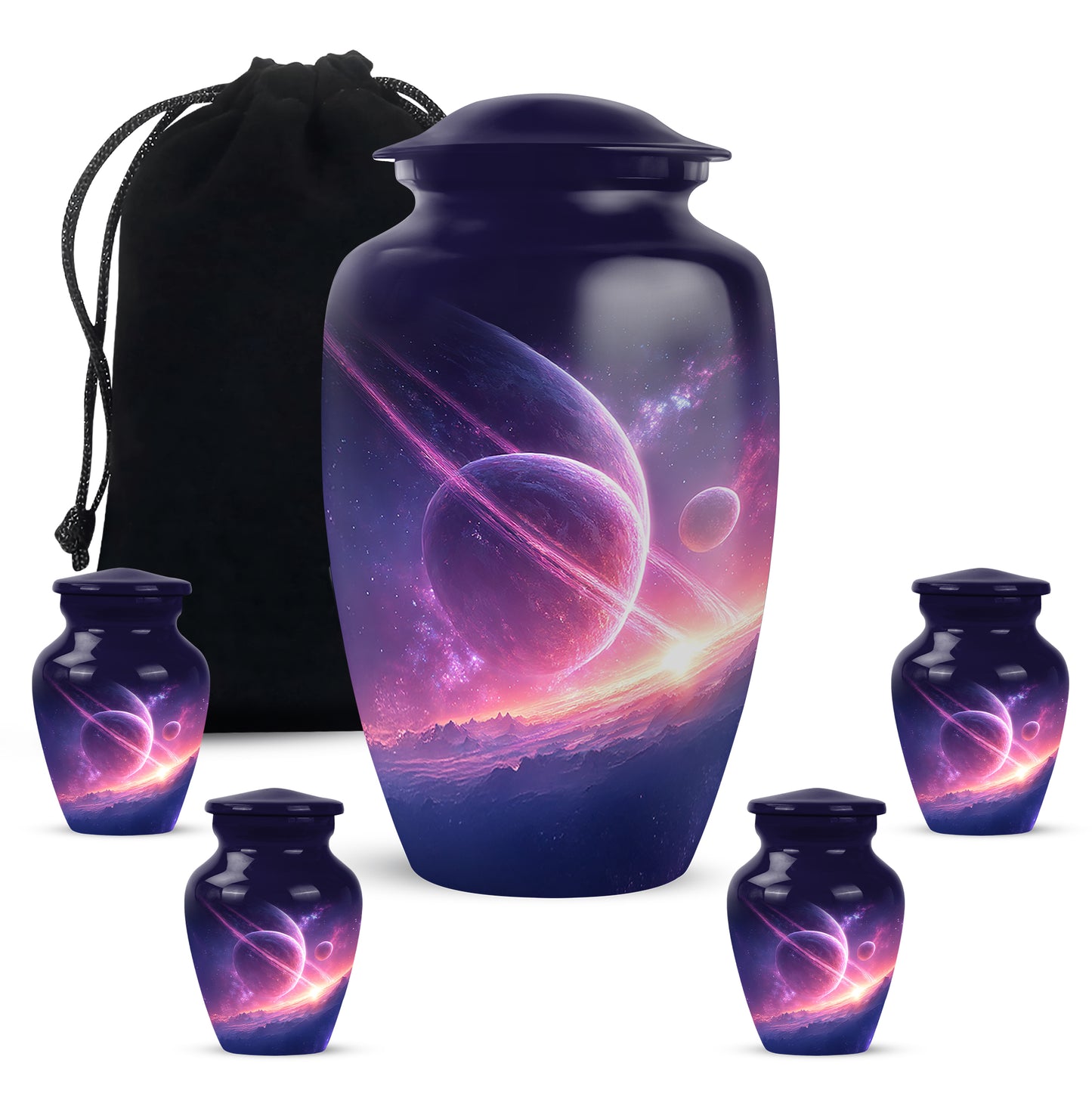 Indigo Galaxy Cremation Urn top-down view of secure threaded lid - timeless galaxy motif etched into premium metal - memorial set with one large and four small urns