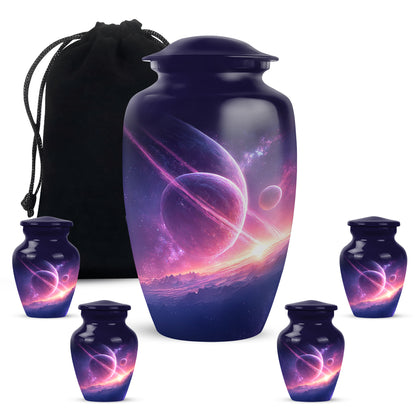 Indigo Galaxy Cremation Urn top-down view of secure threaded lid - timeless galaxy motif etched into premium metal - memorial set with one large and four small urns