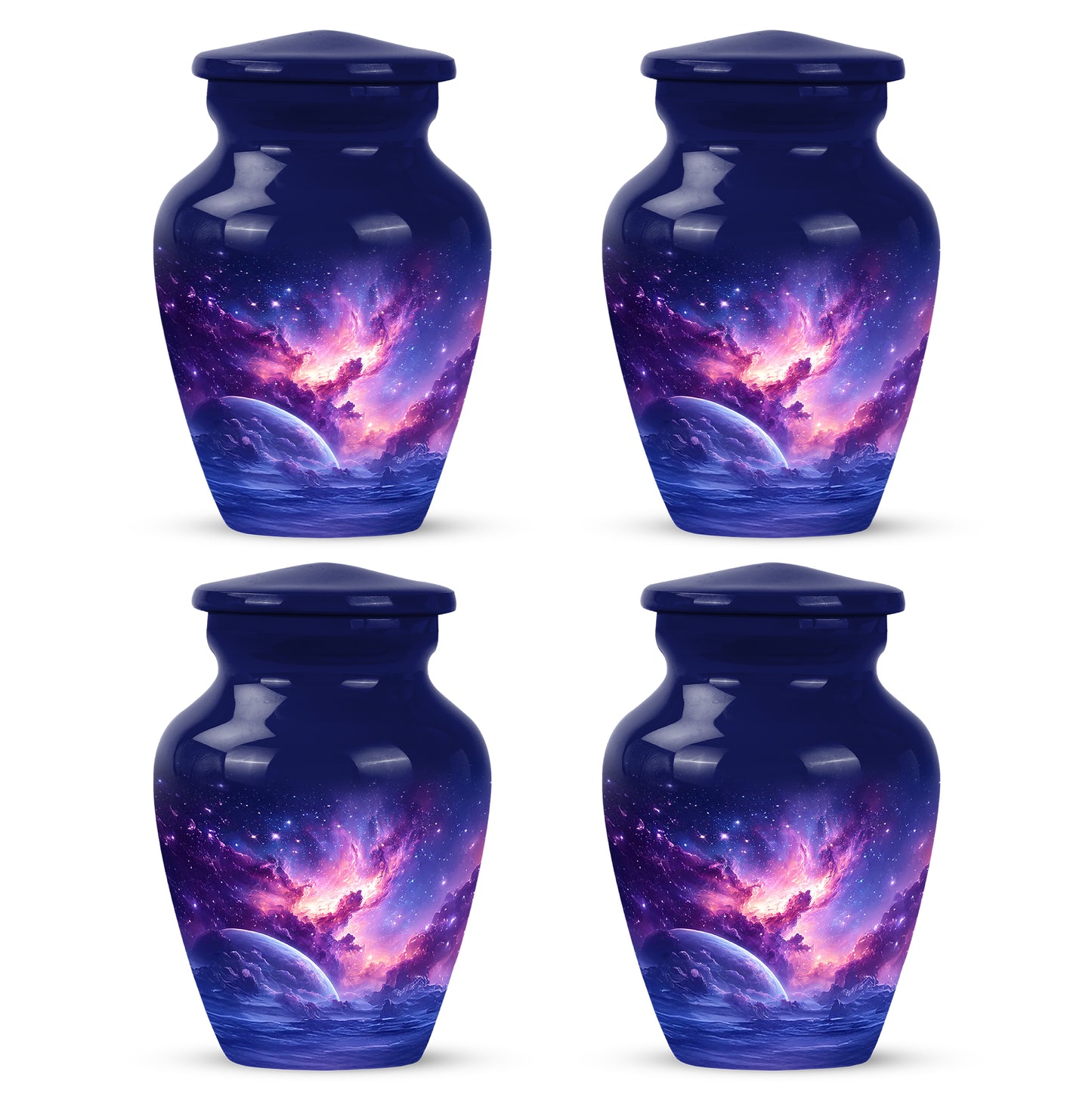 Pastel Blue Galaxy Cremation Urn side profile showing urn shape - classic sculpted galaxy pattern on smooth aluminum - 10 inch aluminum urn for cremated remains