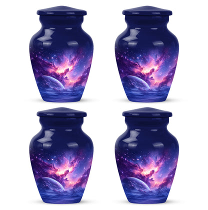 Pastel Blue Galaxy Cremation Urn side profile showing urn shape - classic sculpted galaxy pattern on smooth aluminum - 10 inch aluminum urn for cremated remains