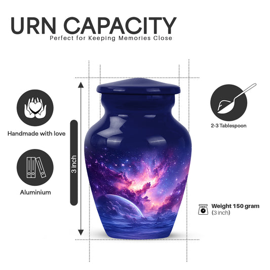 Navy Blue Galaxy Cremation Urn close-up of engraving and surface detail - timeless galaxy motif etched into premium metal - mini keepsake memorial for portion of cremation ashes