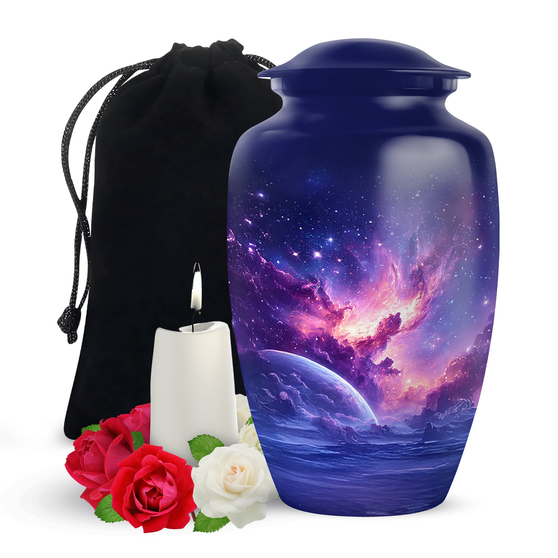 Sapphire Blue Galaxy Cremation Urn angled view of lid and engraved motif - traditional galaxy engraving with hand-polished finish - full-size 10 inch 200 cubic inch adult cremation urn