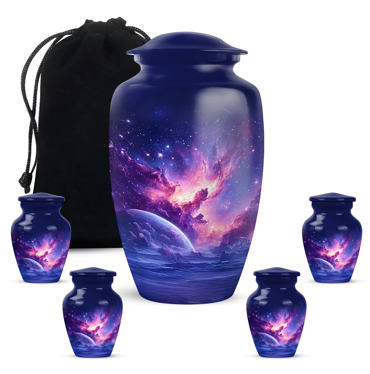 Pastel Blue Galaxy Cremation Urn top-down view of secure threaded lid - classic sculpted galaxy pattern on smooth aluminum - memorial set with one large and four small urns