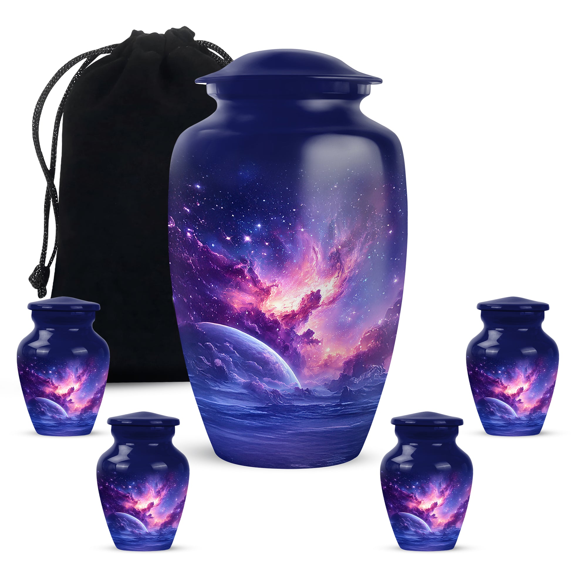 Pastel Blue Galaxy Cremation Urn top-down view of secure threaded lid - classic sculpted galaxy pattern on smooth aluminum - memorial set with one large and four small urns
