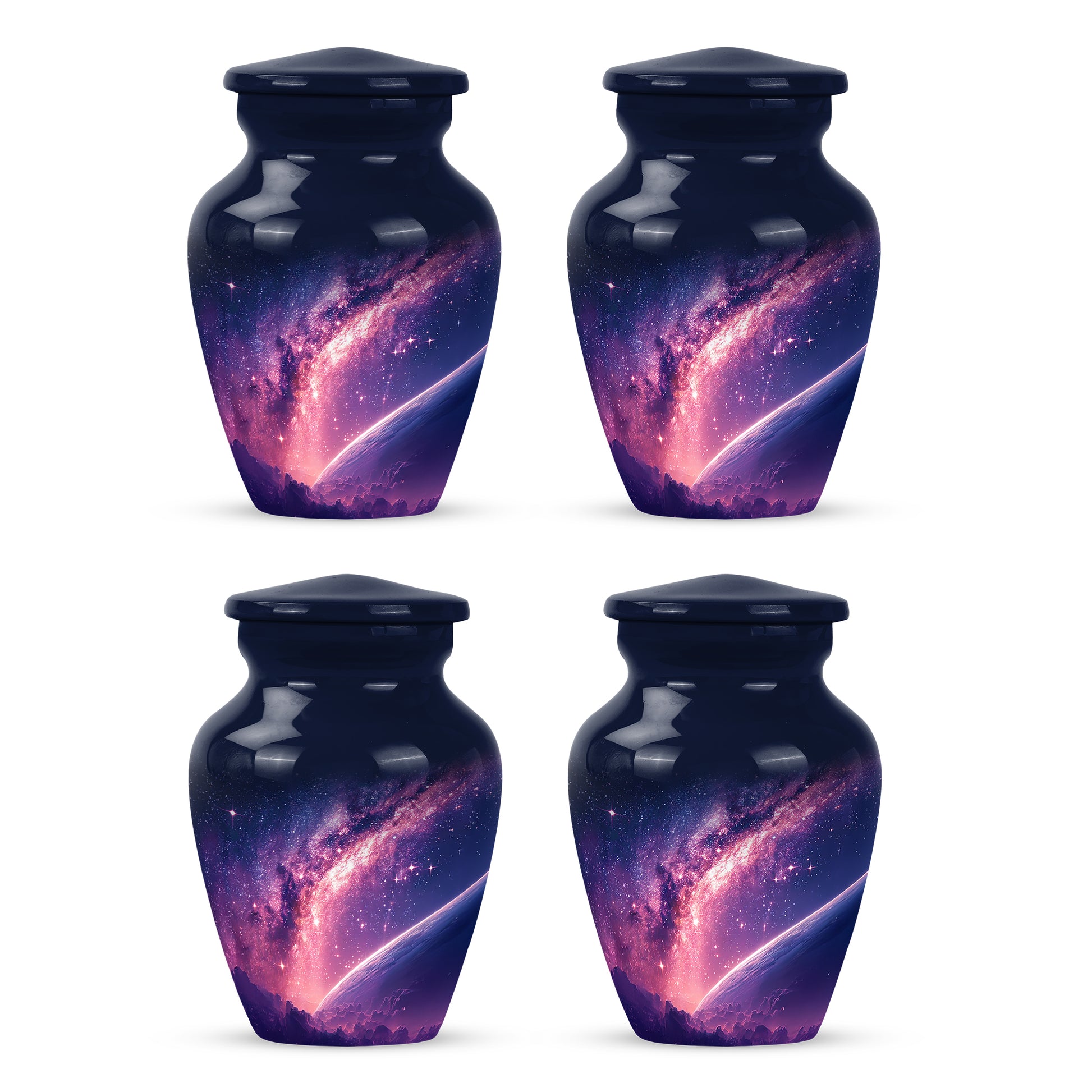 Icy Blue Galaxy Cremation Urn side profile showing urn shape - timeless galaxy motif etched into premium metal - 10 inch aluminum urn for cremated remains
