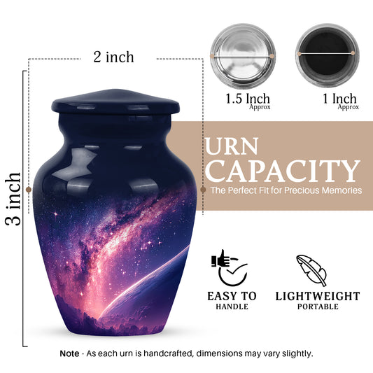 Vivid Blue Galaxy Cremation Urn close-up of engraving and surface detail - elegant classic galaxy relief with fine detailing - mini keepsake memorial for portion of cremation ashes