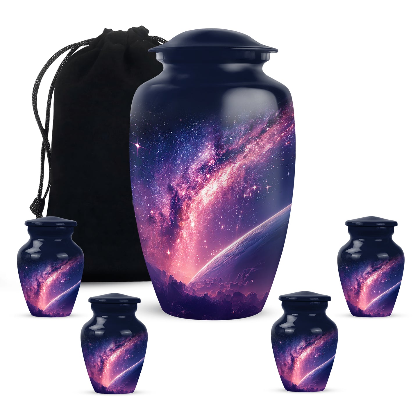 Powder Blue Galaxy Cremation Urn top-down view of secure threaded lid - classic sculpted galaxy pattern on smooth aluminum - memorial set with one large and four small urns