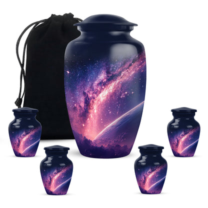 Powder Blue Galaxy Cremation Urn top-down view of secure threaded lid - classic sculpted galaxy pattern on smooth aluminum - memorial set with one large and four small urns