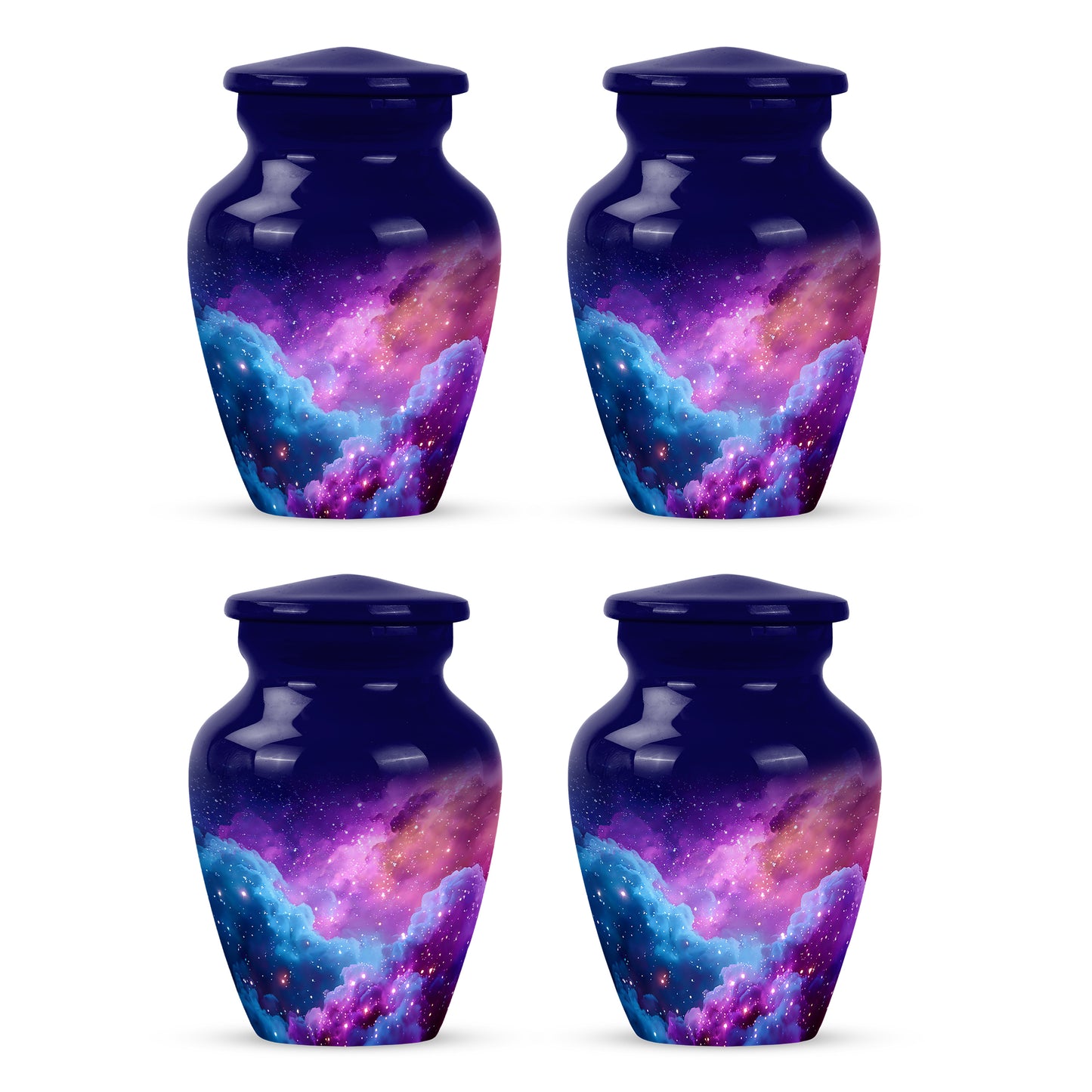 Royal Blue Galaxy Cremation Urn side profile showing urn shape - elegant classic galaxy relief with fine detailing - 10 inch aluminum urn for cremated remains