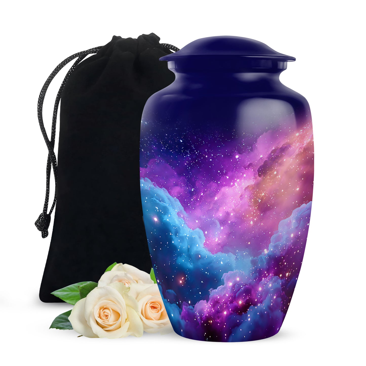 Sky Blue Galaxy Cremation Urn angled view of lid and engraved motif - timeless galaxy motif etched into premium metal - full-size 10 inch 200 cubic inch adult cremation urn