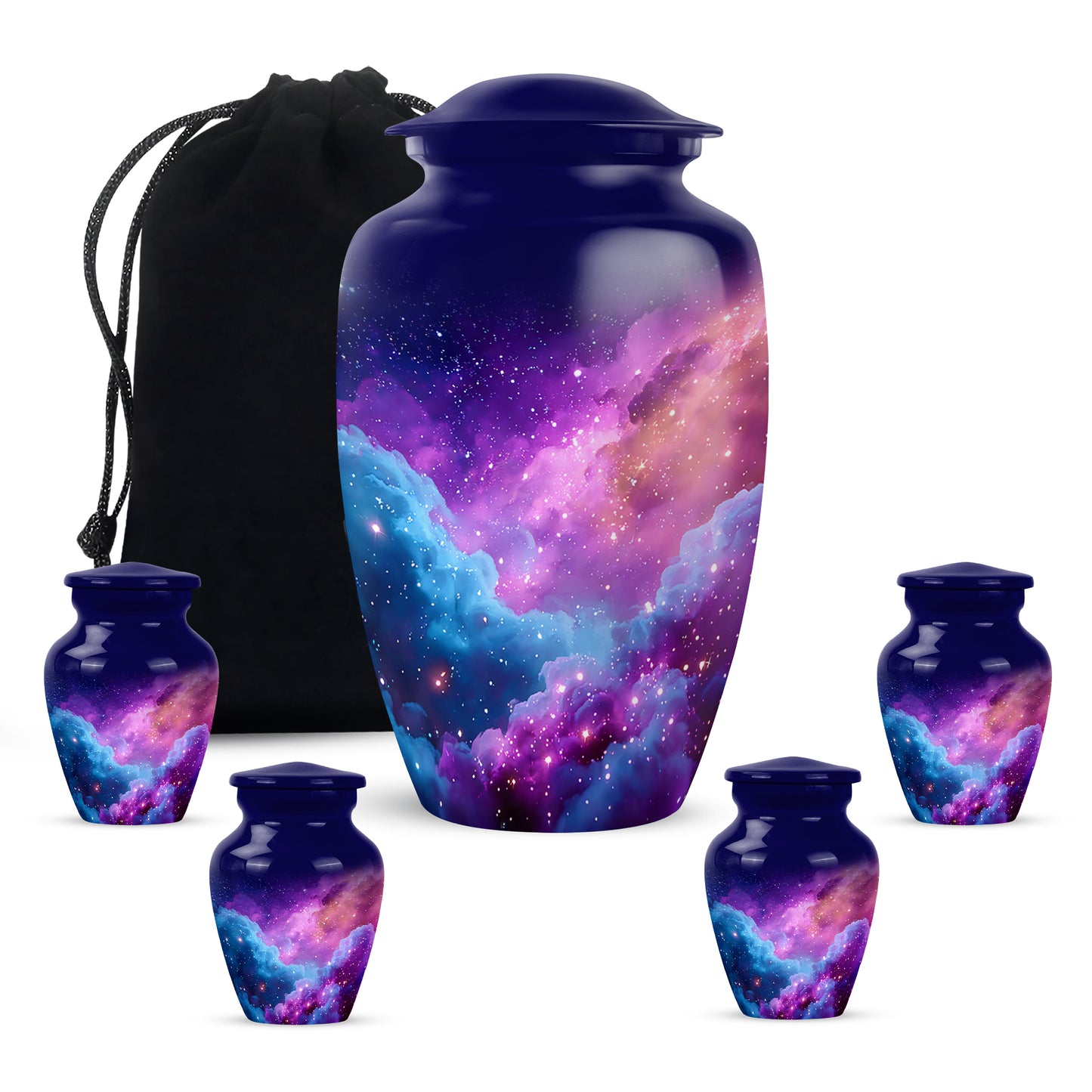 Misty Blue Galaxy Cremation Urn top-down view of secure threaded lid - timeless galaxy motif etched into premium metal - memorial set with one large and four small urns