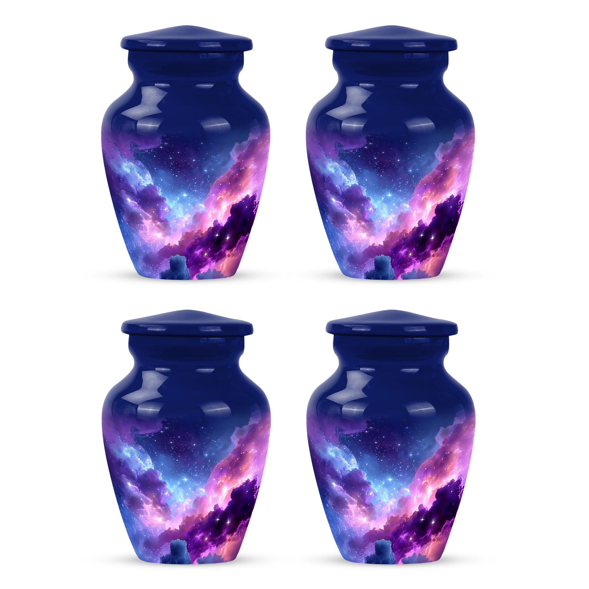 Misty Blue Galaxy Cremation Urn side profile showing urn shape - timeless galaxy motif etched into premium metal - 10 inch aluminum urn for cremated remains