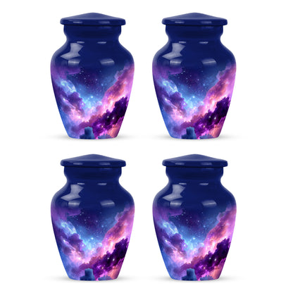 Misty Blue Galaxy Cremation Urn side profile showing urn shape - timeless galaxy motif etched into premium metal - 10 inch aluminum urn for cremated remains