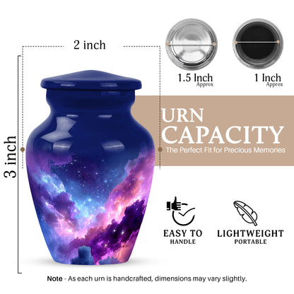 Sapphire Blue Galaxy Cremation Urn close-up of engraving and surface detail - elegant classic galaxy relief with fine detailing - mini keepsake memorial for portion of cremation ashes
