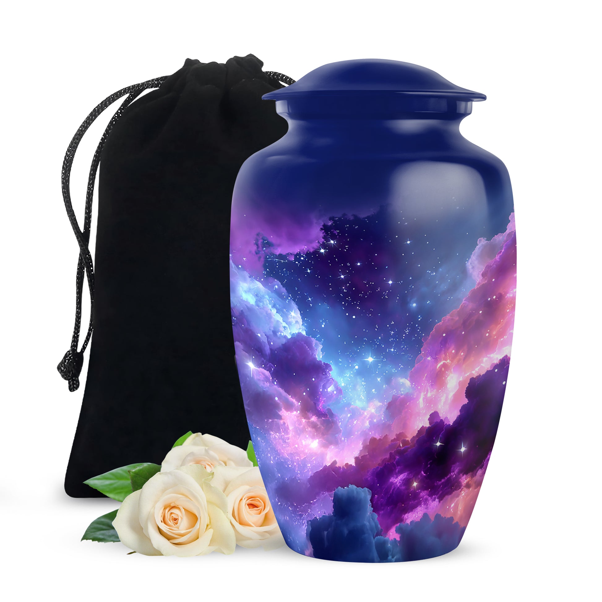 Icy Blue Galaxy Cremation Urn angled view of lid and engraved motif - timeless galaxy motif etched into premium metal - full-size 10 inch 200 cubic inch adult cremation urn