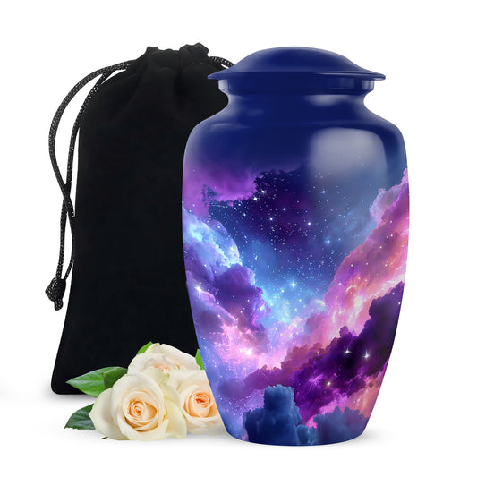 Icy Blue Galaxy Cremation Urn angled view of lid and engraved motif - timeless galaxy motif etched into premium metal - full-size 10 inch 200 cubic inch adult cremation urn