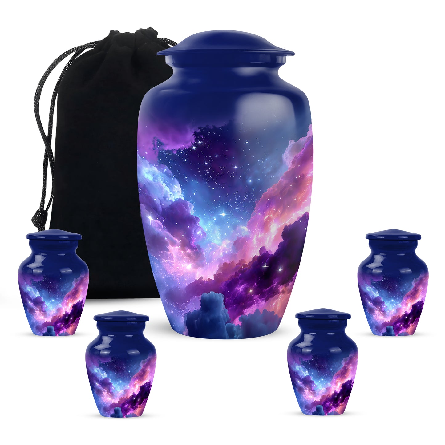 Cobalt Blue Galaxy Cremation Urn top-down view of secure threaded lid - traditional galaxy engraving with hand-polished finish - memorial set with one large and four small urns
